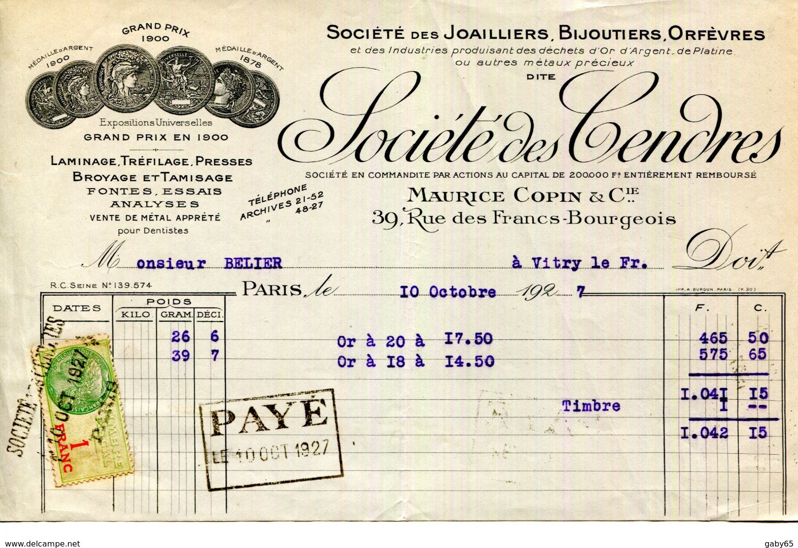 PARIS.SOCIETE DES JOAILLERS,BIJOUTIERS,ORFEVRES.SOCIETE DES CENDRES MAURICE COPIN & Cie 39 RUE DES FRANCS-BOURGEOIS. - Autres & Non Classés