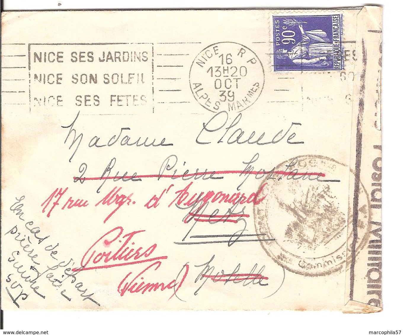 WW2-01 -Lettre De Nice Avec Bande Et Cachet De Censure Commission FA Pour Metz évacuée. - Guerre De 1939-45