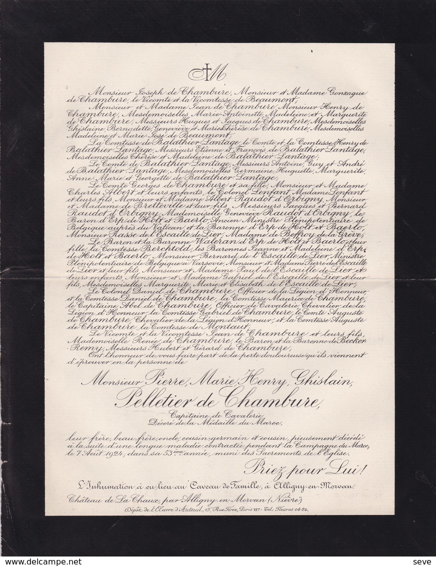 ALLIGNY En MERVAN Pierre PELLETIER De CHAMBURE 53 Ans 1924 Médaille Du Maroc Mort Maladie Contractée Au Maroc - Esquela