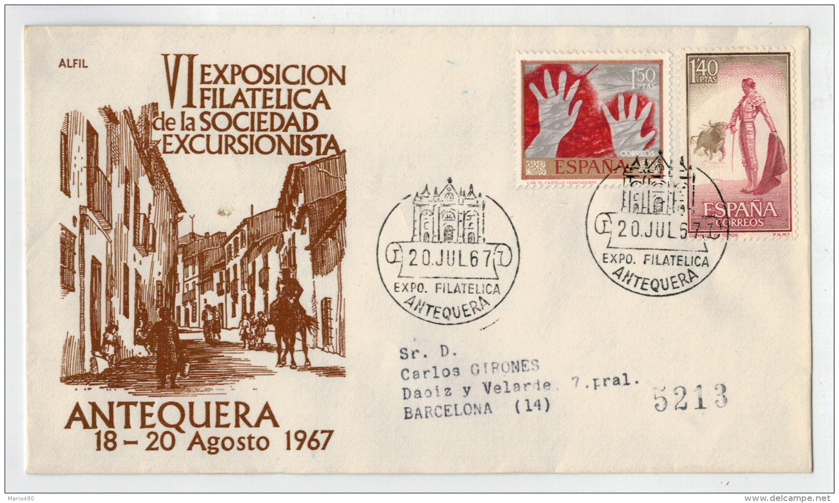 F.D.C.   VI EXPOSICION FILATELICA DE LA SOCIEDAD  EXCURSIONISTA    ANTEQUERA  1967 (VIAGGIATA) - FDC