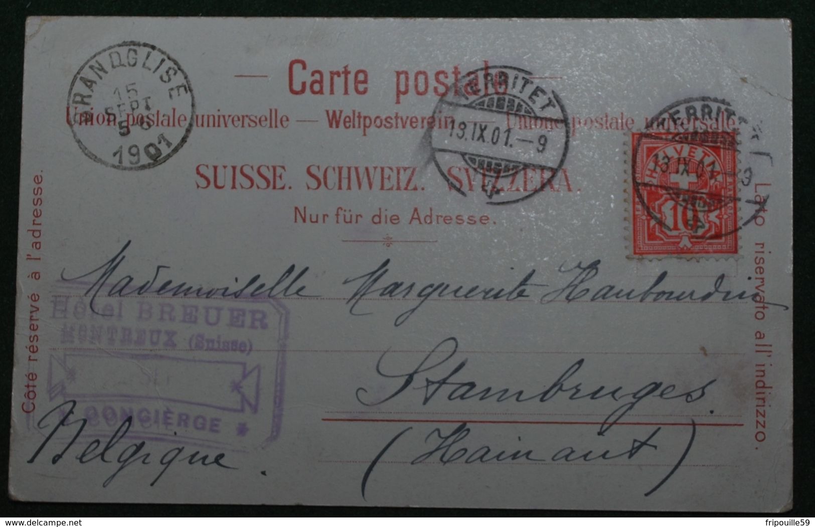 Suisse - Meiringen - Hôtel Du Sauvage - Lith. A. Brügder - 403 - Verso : Cachet Hôtel Breuer-Montreux-Concierge - 1901 - Meiringen