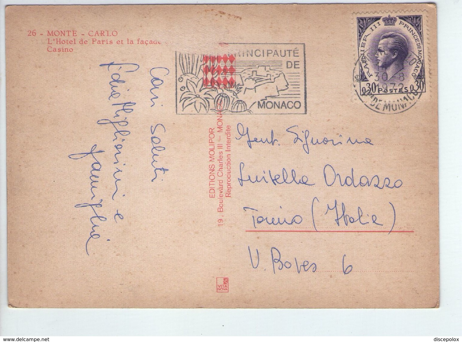 U2174 NICE STAMP AND TIMBRE On Postcard MONTE CARLO, L HOTEL DE PARIS ET LA FACADE DE CASINO - Bollo Storia Postale - Hôtels