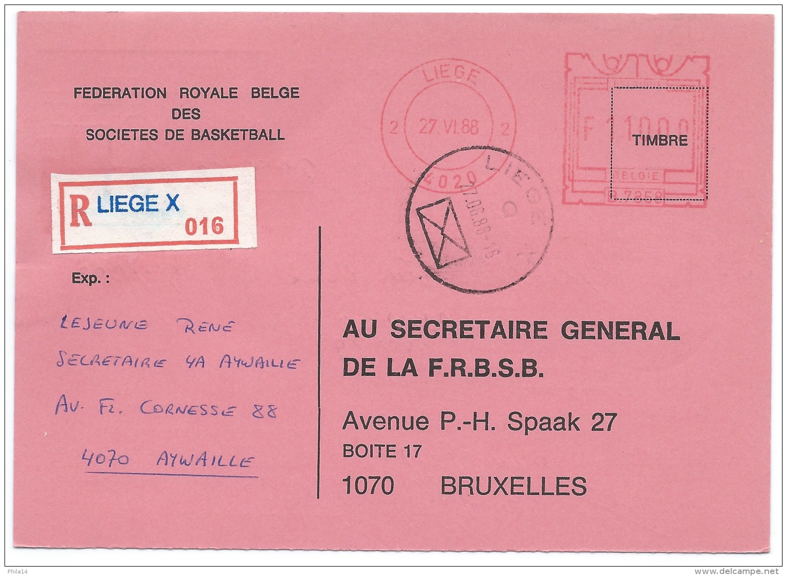 CARTE LIEGE RECOMMANDE / 1988 / FEDERATION ROYALE BELGE DES SOCIETES DE BASKETBALL - 1980-99