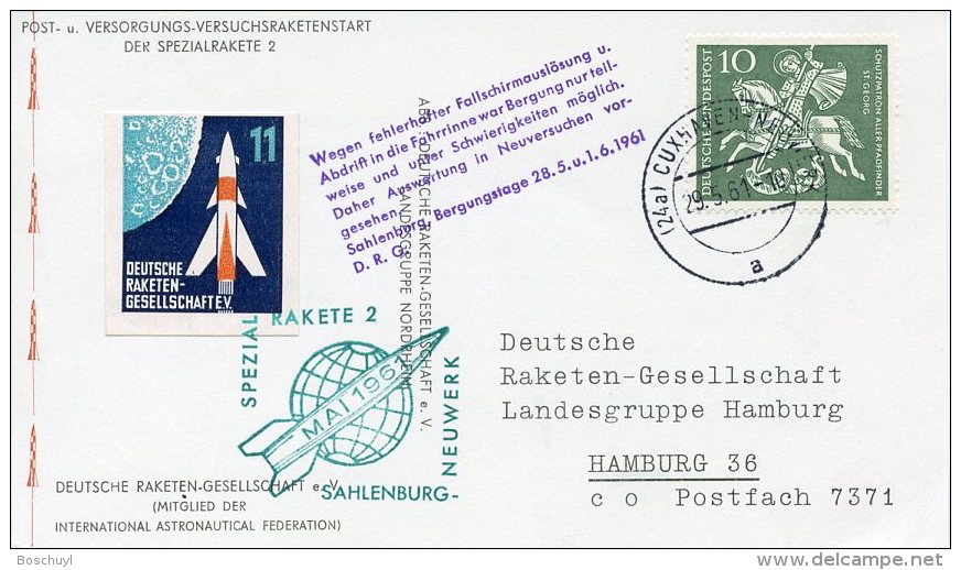 Rocket Mail, Germany, 1961, Genuine Flown Rocket Mail Card, Special Rocket 2 - Autres & Non Classés