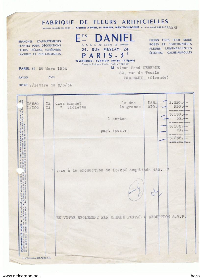 Facture - Ets DANIEL Fleurs Artificielles à PARIS 3e En 1954  (fr36) - 1950 - ...