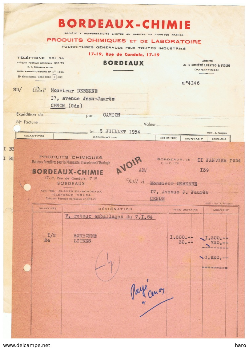 Facture + Consigne - BORDEAUX CHIMIE, Produits Chimiques Et De Laboratoire En 1954  (fr36) - 1950 - ...