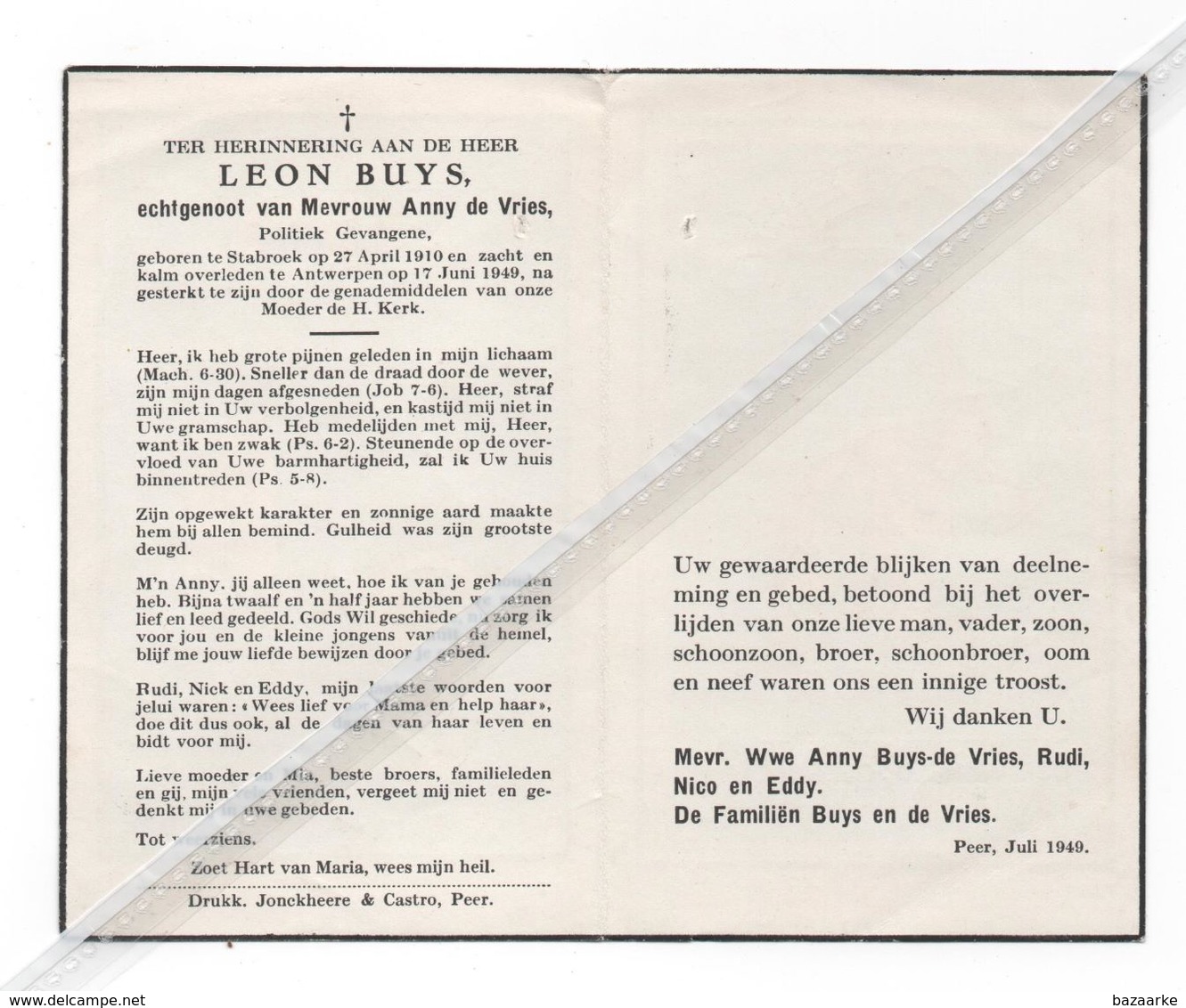 LEON BUYS ° STABROEK 1910 + ANTWERPEN 1949 / POLITIEK GEVANGENE / ANNY DE VRIES - Images Religieuses