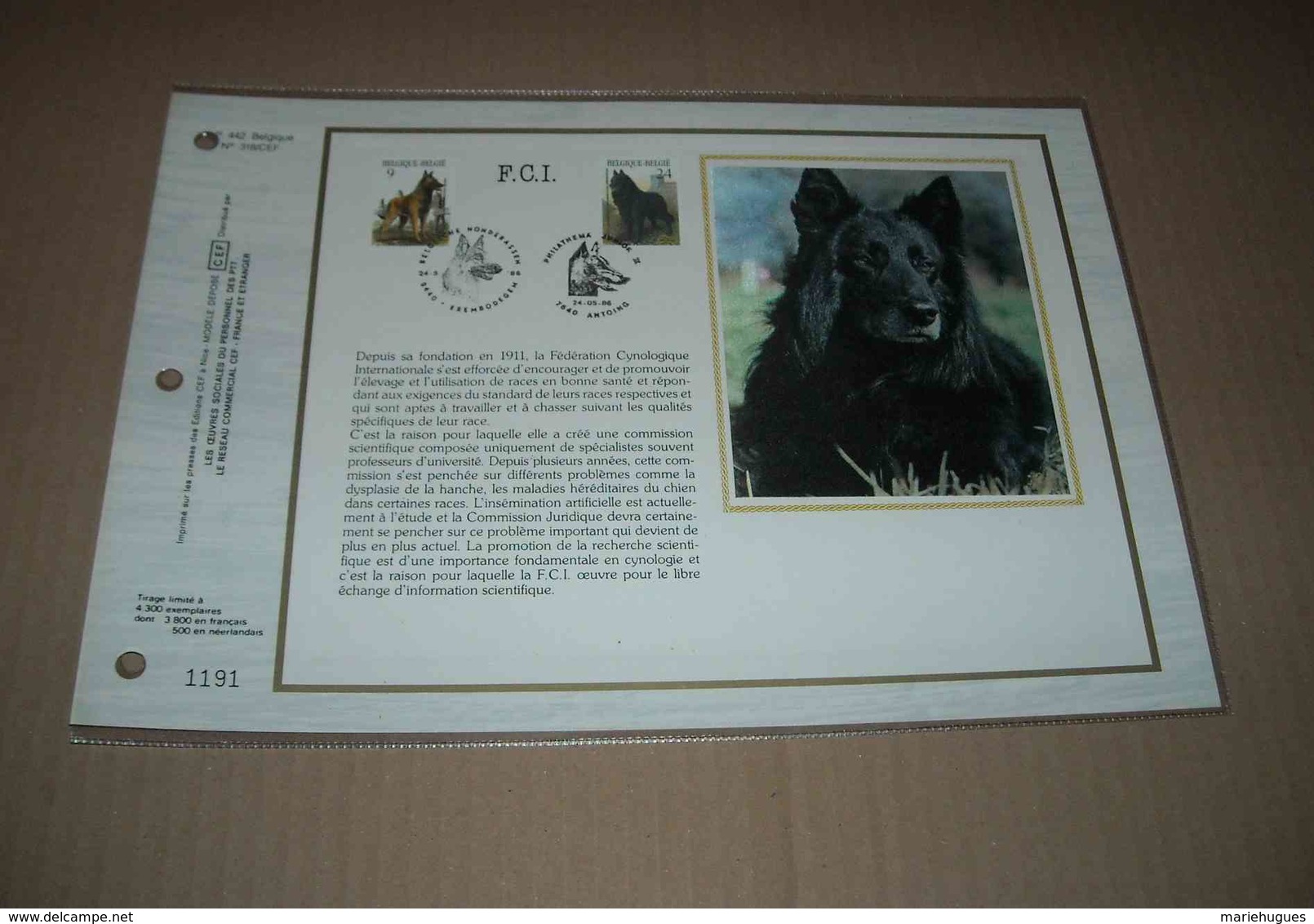 FEUILLET TIMBRE LA FEDERATION CYNOLOGIQUE INTERNATIONALE CHIEN CEF 1er Jour +SOIE 1986 - Feuillets De Luxe [LX]