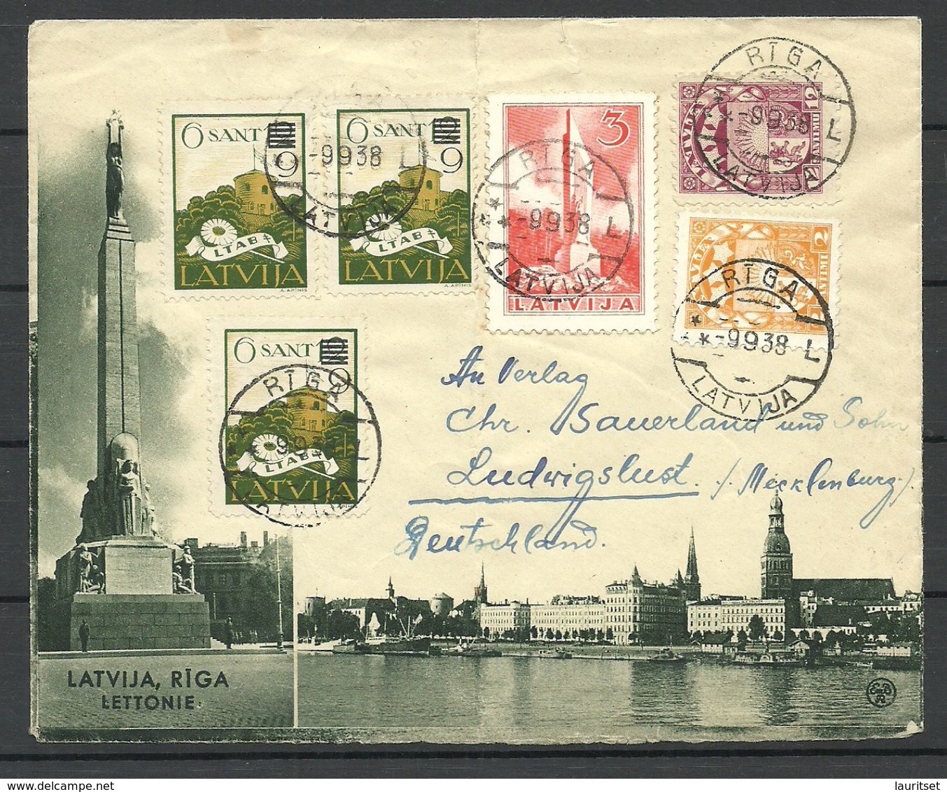 LETTLAND Latvia 1938 Illustrated Cover Riga Nach Ludwigslust Interessanter Frankatur - Lettonie