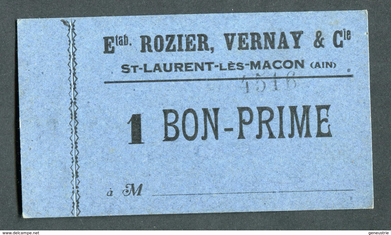 Monnaie De Nécessité Carton "1 Bon-Prime - Ets Rozier, Vernay & Cie - St Laurent-les-Macon (Ain)" Emergency Banknote - Bonds & Basic Needs