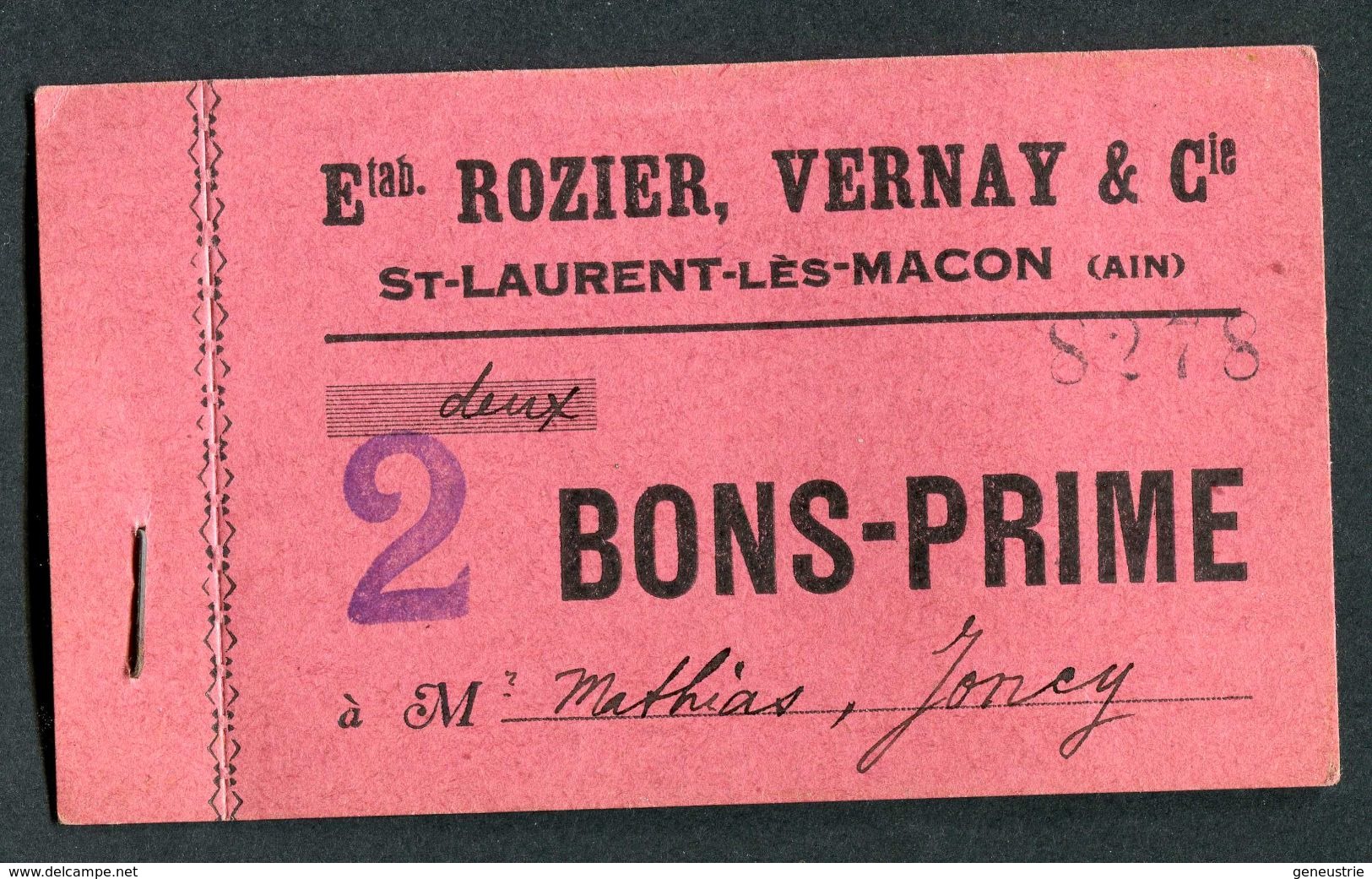 Monnaie De Nécessité Carton "2 Bons-Prime - Ets Rozier, Vernay & Cie - St Laurent-les-Macon (Ain)" Emergency Banknote - Bons & Nécessité