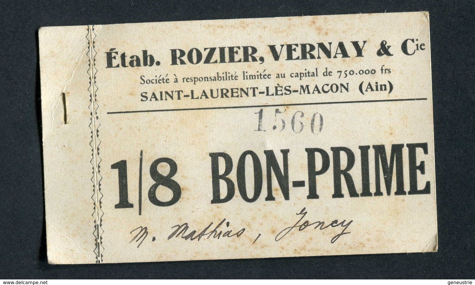 Monnaie De Nécessité Carton "1/8 Bon-Prime - Ets Rozier, Vernay & Cie - St Laurent-les-Macon (Ain)" Emergency Banknote - Bons & Nécessité