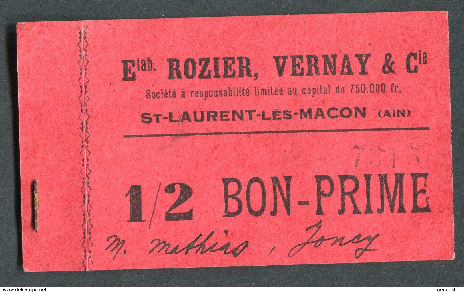 Monnaie De Nécessité Carton "1/8 Bon-Prime - Ets Rozier, Vernay & Cie - St Laurent-les-Macon (Ain)" Emergency Banknote - Bons & Nécessité