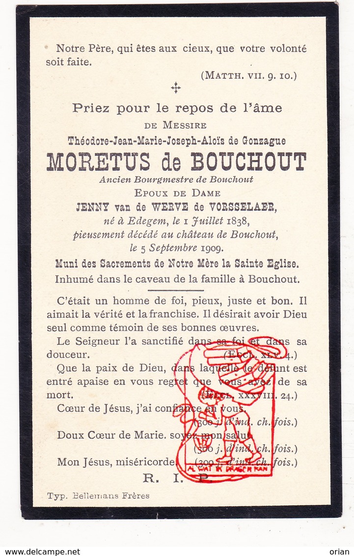 DP Adel Noblesse - Burg. Théodore J. Gonzague Moretus D Bouchout ° Edegem 1838 † Boechout 1909 X J. Vd Werve D Vorselaar - Images Religieuses