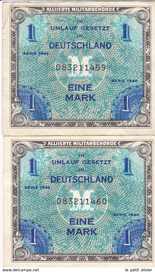 ALLEMAGNE BILLET DE 1 MARK SÉRIE 1944 LOT DE 2 BILLETS NUMÉRO DE SÉRIE A SUIVRE - 1 Mark