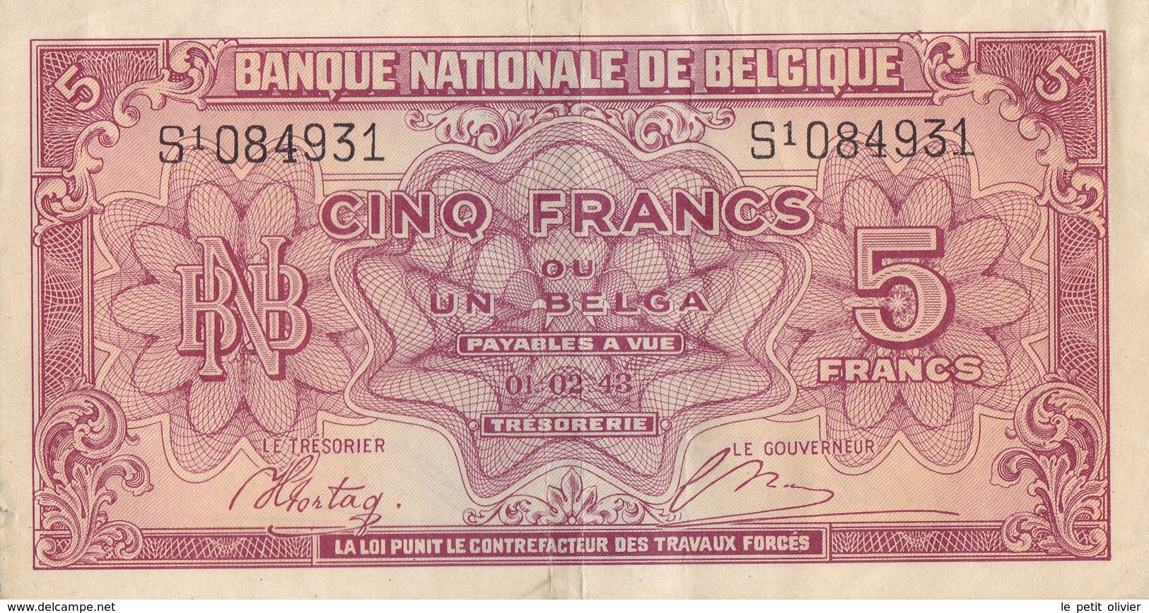 BELGIQUE BILLET DE 5 FRANCS / 1 BELGA 1943 ALPHABET / S - 5 Franchi-1 Belga