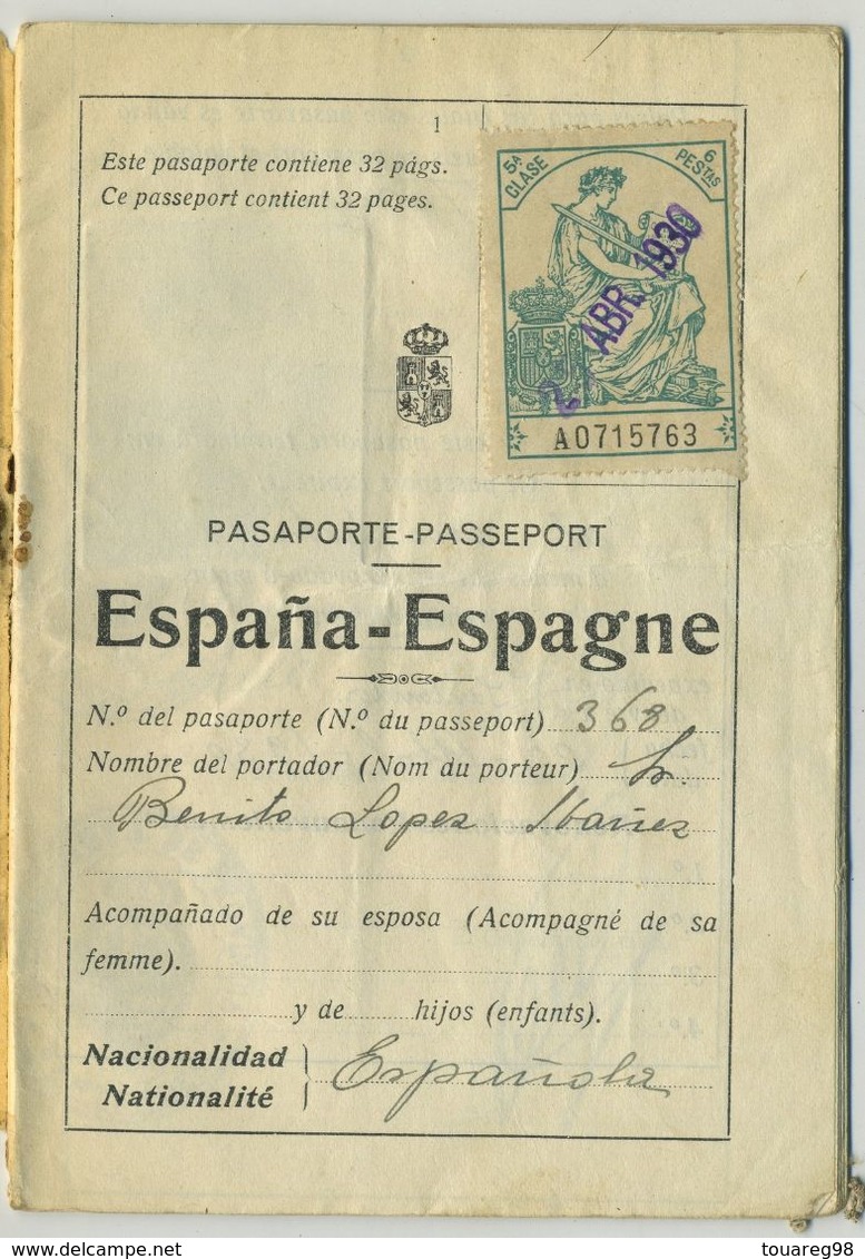 Passeport Espagnol Valable Pour La France. España. Pasaporte. Délivré à Santander En 1930. Ouvrier. - Documents Historiques