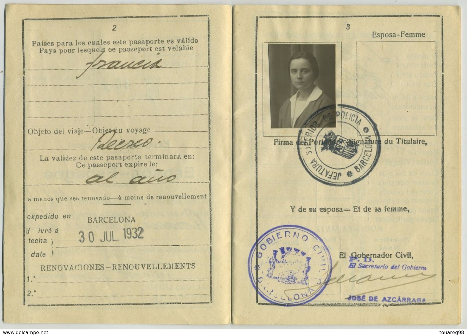 Passeport Espagnol Valable Pour La France. España. Pasaporte. Délivré à Barcelone En 1932. Catalogne. - Documents Historiques