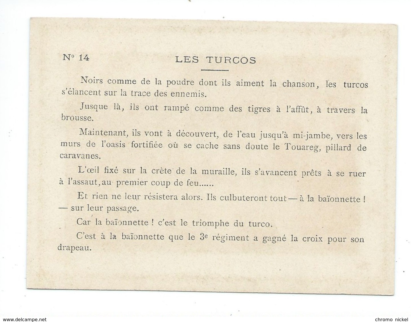 ARMÉE FRANÇAISE Tirailleurs Algériens Colonies Françaises N°14 H&C TB Chromo 120 X 85 Mm Dos Didactique 2 Scans - Other & Unclassified