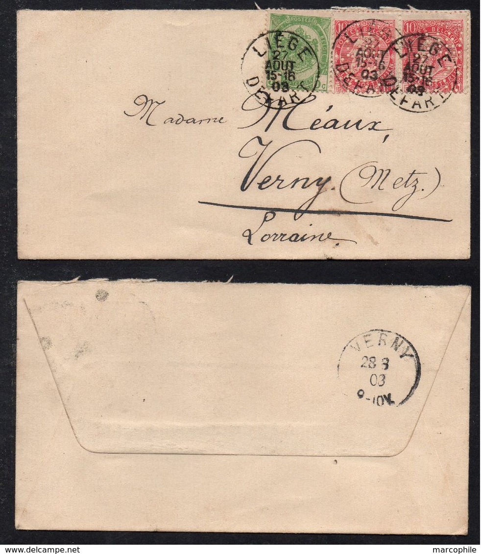 BELGIQUE - LIEGE / 1903 PERFORES "J W/& C" SUR LETTRE POUR VERNY - LORRAINE - PERFIN (ref LE2076) - 1863-09