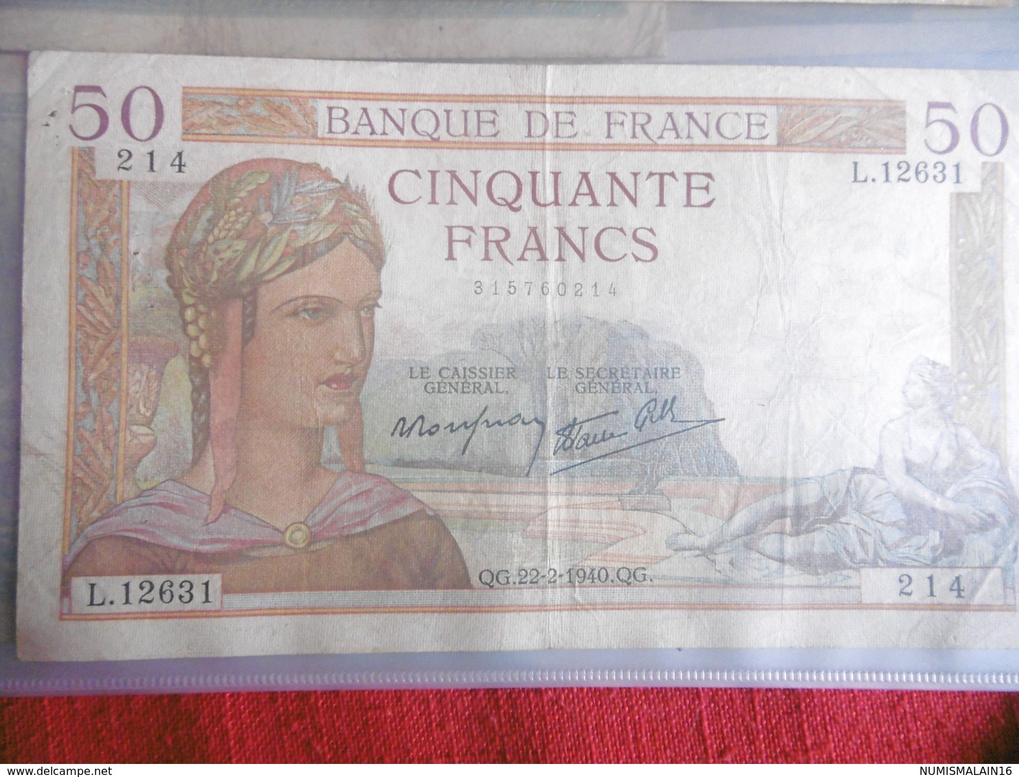 BILLET 50 FRANCS CERES-22.2.1940-N°214/L.12631- - 50 F 1934-1940 ''Cérès''