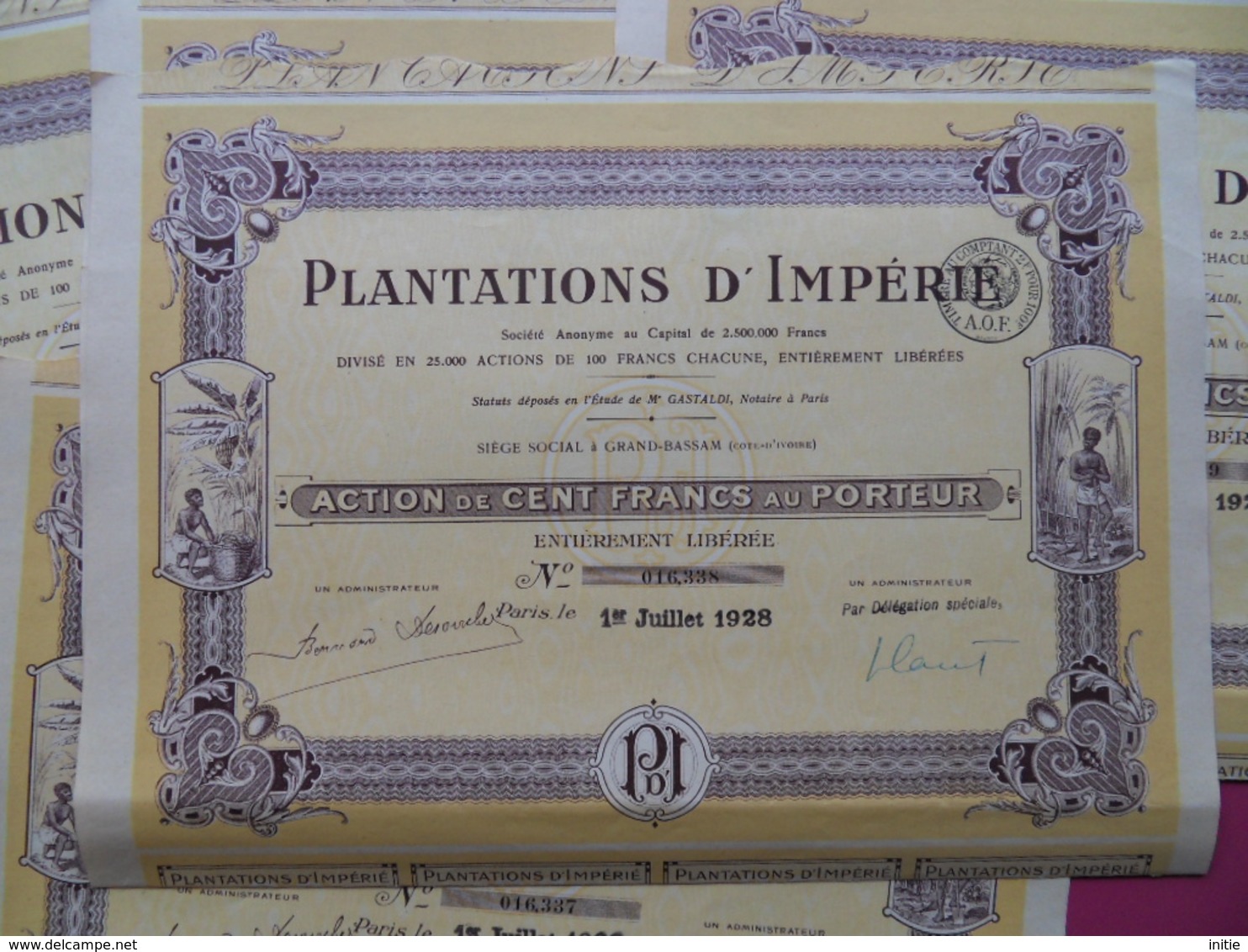 LOT DE 10 ACTIONS DE CENT FRANCS DES PLANTATIONS D'IMPERIE GRAND BASSAM COTE IVOIRE TOP DECO - Afrique