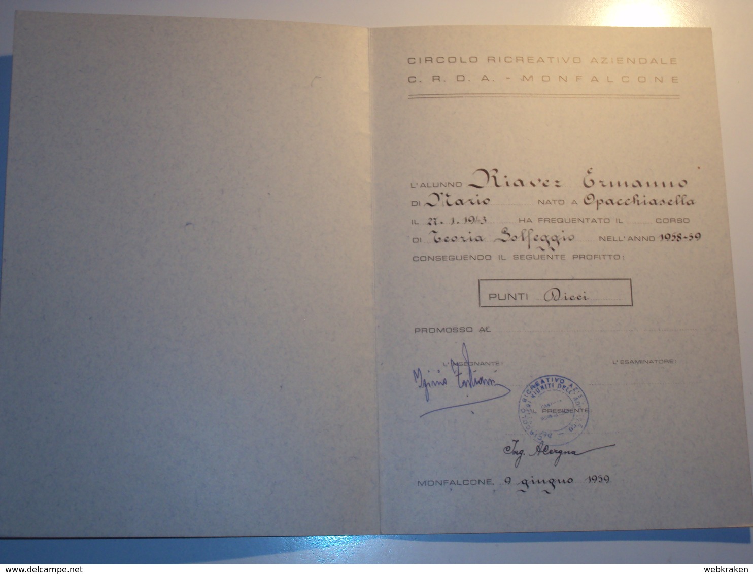ITALIA ATTESTATO DI FREQUENZA RILASCIATO DAL C.R.D.A. DI MONFALCONE GORIZIA 1959 BELLA INCISIONE DI MARANGONI - Documenti Storici