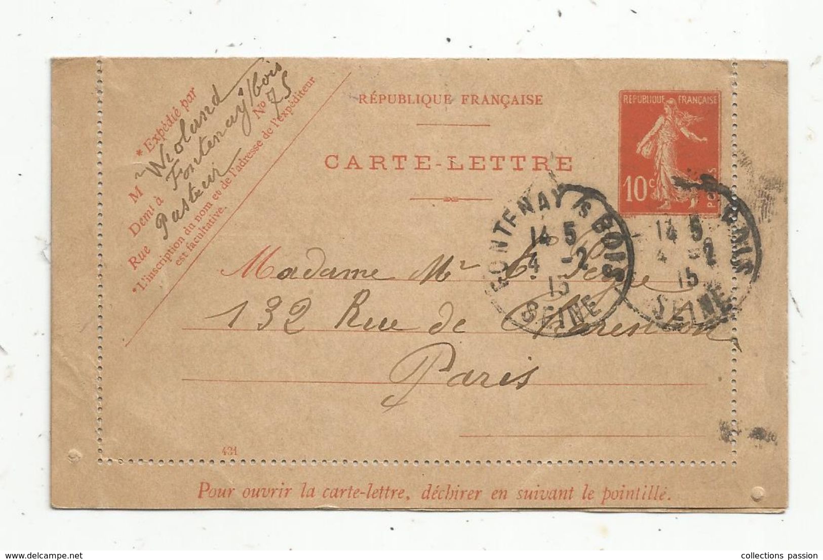 Carte Lettre,1915,  ENTIER POSTAL, 10c , FONTENAY S/ BOIS. - Kaartbrieven