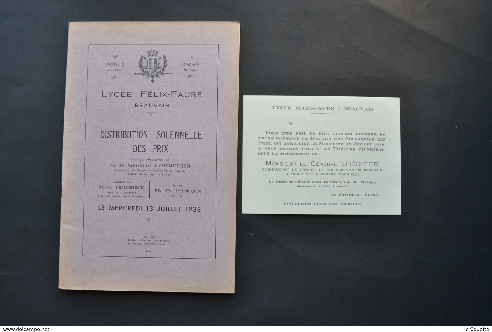 DISTRIBUTION DES PRIX AU LYCEE FELIX FAURE DE BEAUVAIS EN 1938 - Programas