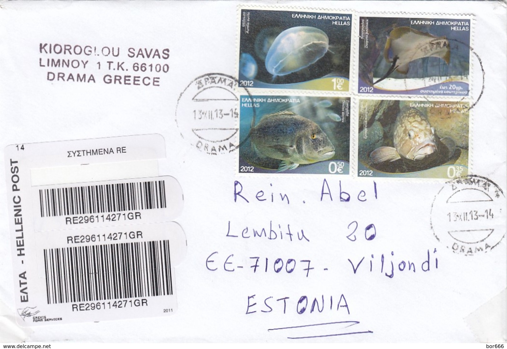 GOOD GREECE " REGISTERED " Postal Cover To ESTONIA 2013 - Good Stamped: Sealife ; Fishes - Covers & Documents