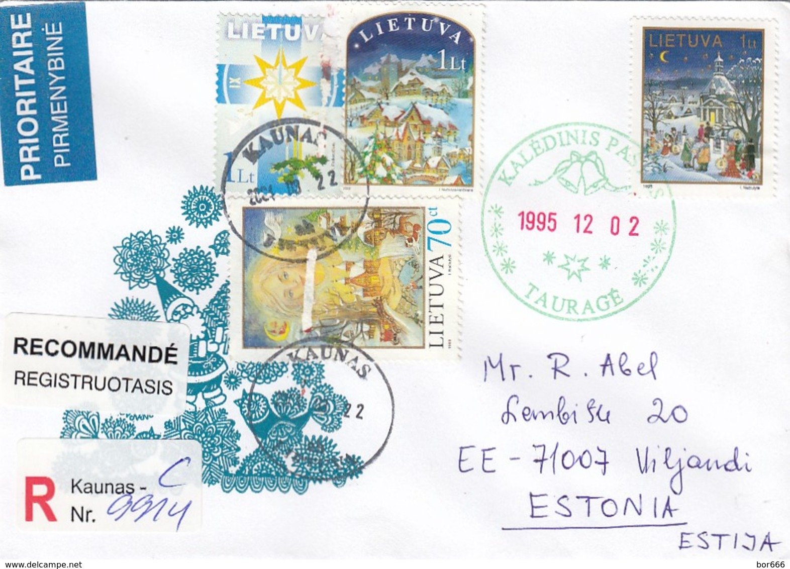 GOOD LITHUANIA " REGISTERED "  Postal Cover To ESTONIA 2004 - Good Stamped: Christmas - Lithuania