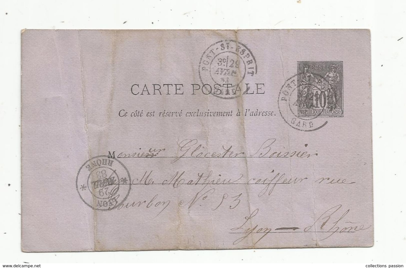 Sur Carte Postale,1883,  ENTIER POSTAL, 10 , PONT ST ESPRIT , GARD , LYON - Cartes Postales Types Et TSC (avant 1995)