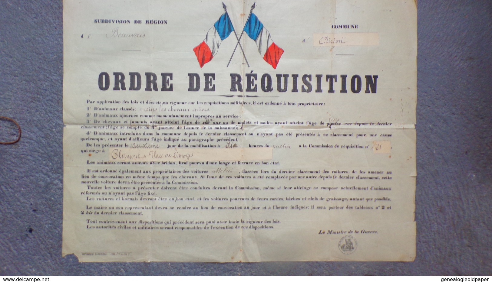 60- BEAUVAIS- AIRION- RARE AFFICHE ORDRE REQUISITION MILITAIRE-CHEVAUX -MINISTERE GUERRE CLERMONT PLACE LIMOGES - Affiches