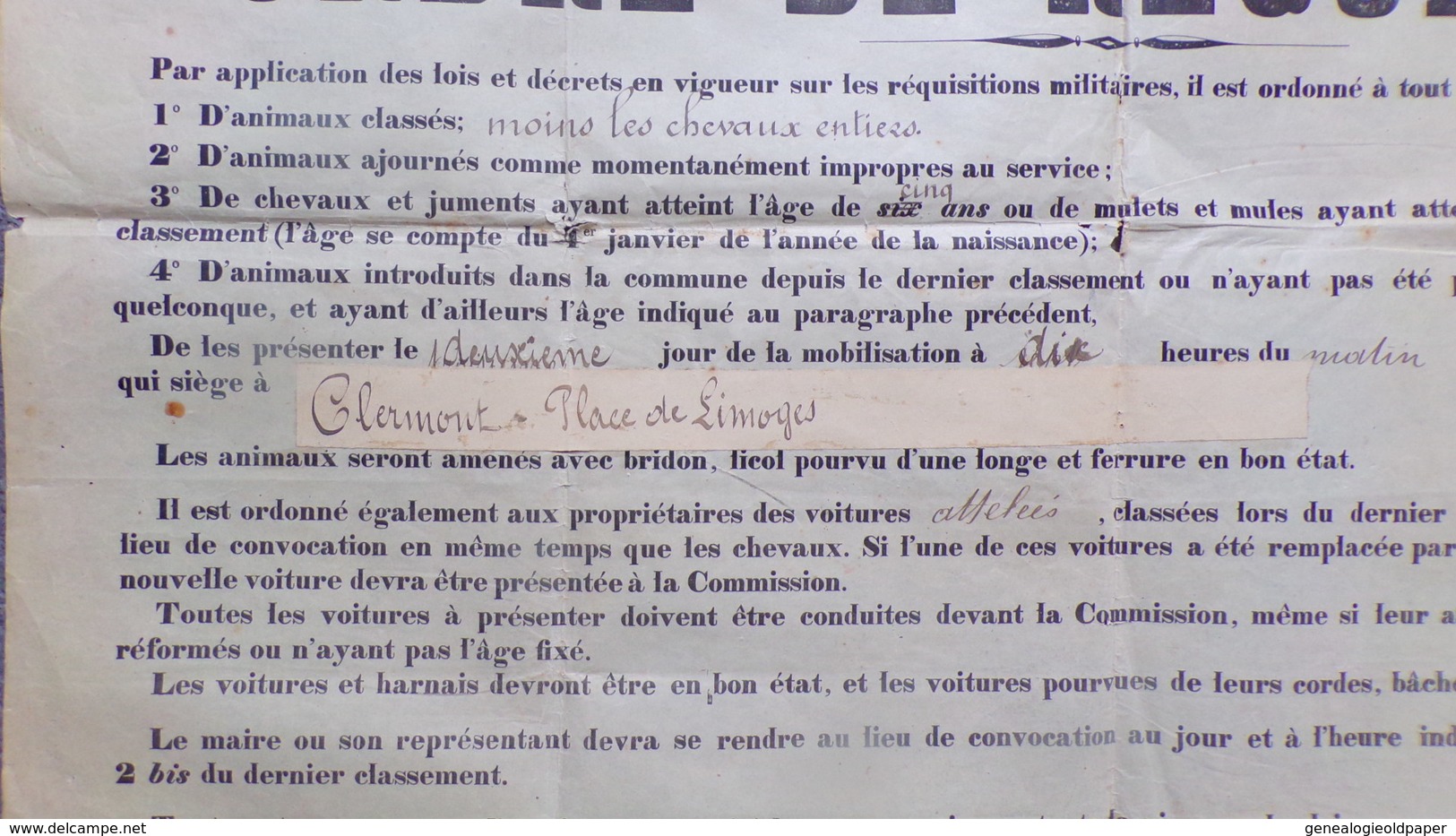 60- BEAUVAIS- AIRION- RARE AFFICHE ORDRE REQUISITION MILITAIRE-CHEVAUX -MINISTERE GUERRE CLERMONT PLACE LIMOGES - Affiches