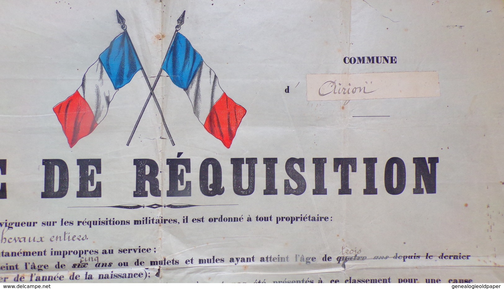 60- BEAUVAIS- AIRION- RARE AFFICHE ORDRE REQUISITION MILITAIRE-CHEVAUX -MINISTERE GUERRE CLERMONT PLACE LIMOGES - Posters