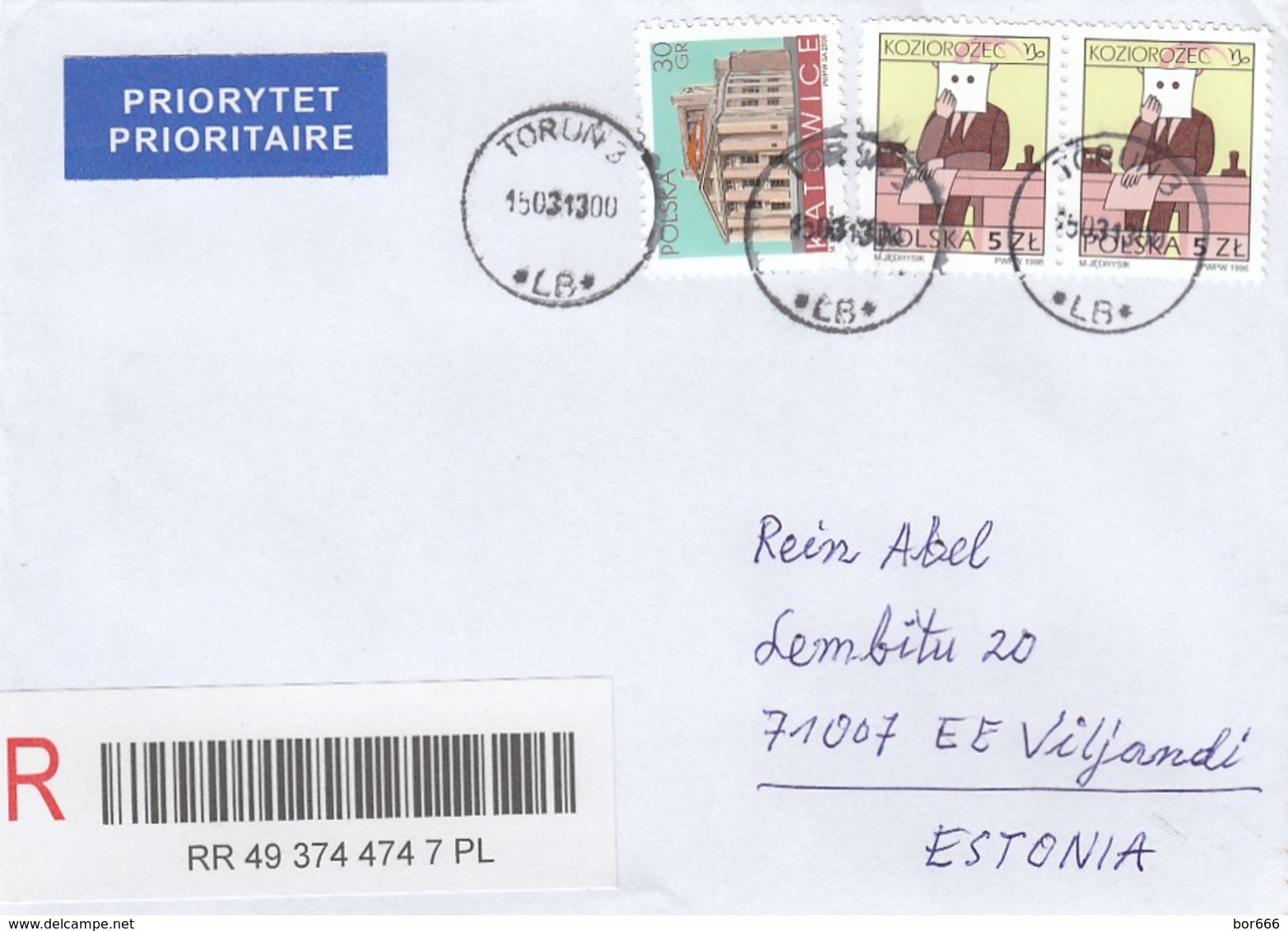 GOOD POLAND " REGISTERED "  Postal Cover To ESTONIA 2013 - Good Stamped: Zodiak ; Architecture - Covers & Documents