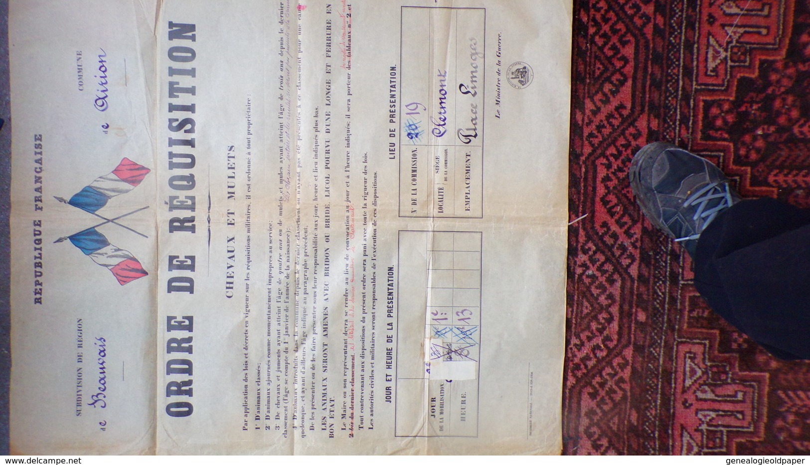 60- BEAUVAIS- AIRION- RARE AFFICHE ORDRE REQUISITION MILITAIRE-CHEVAUX -MINISTERE GUERRE CLERMONT PLACE LIMOGES-1924 - Plakate