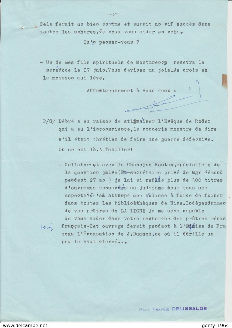 Lettre Autographiée Du Père Francis DELISSALDE ,  Adressée Au Colonel REMY - Autres & Non Classés