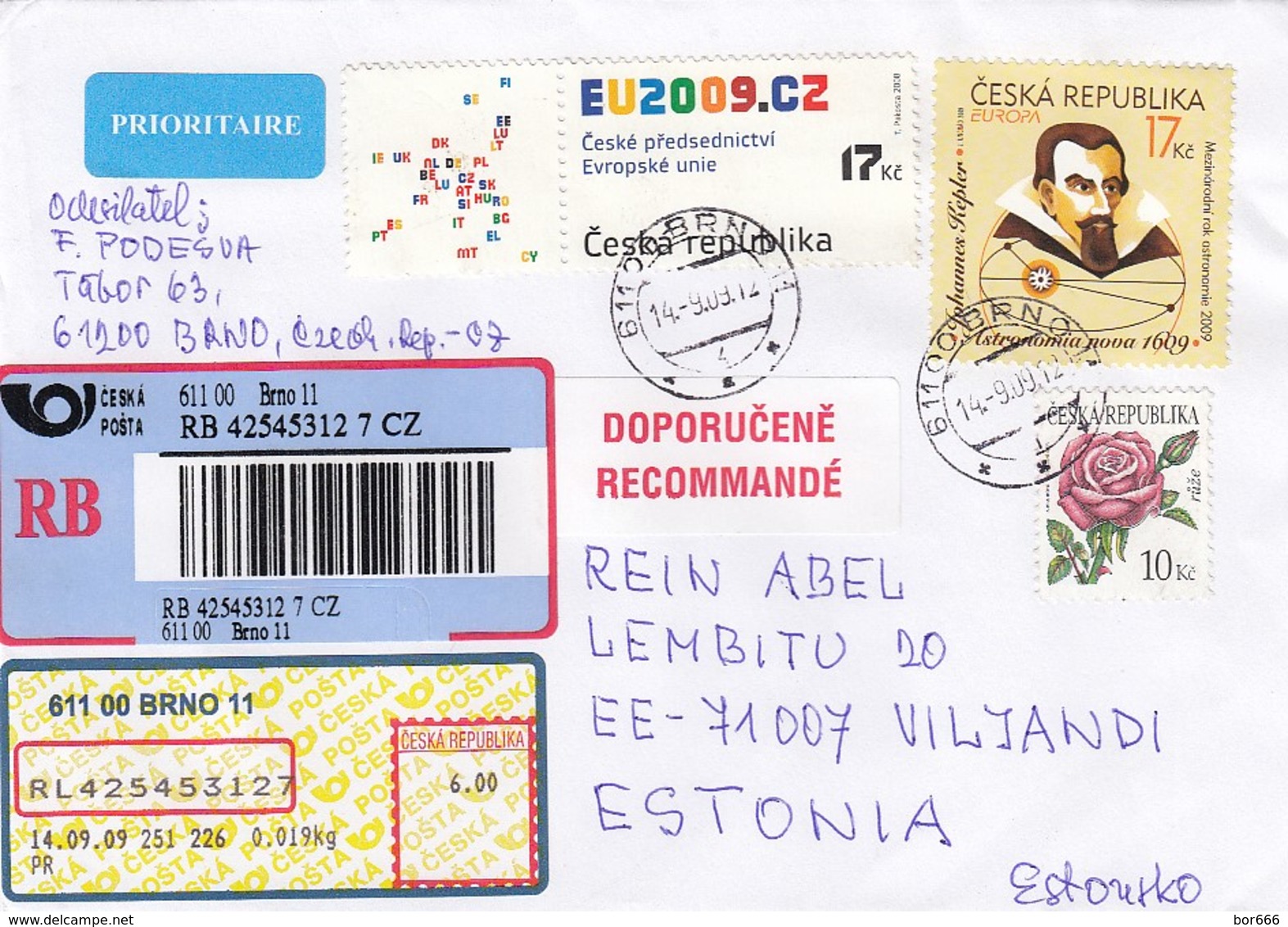 GOOD CZECH " REGISTERED "  Postal Cover To ESTONIA 2009 - Good Stamped: Rose ; Europa / Kepler - Covers & Documents