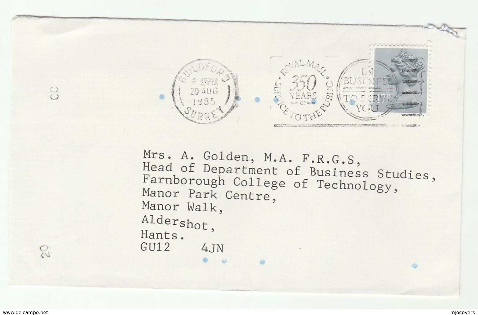 1985 Guildford GB COVER SLOGAN Pmk 350 YEARS ROYAL MAIL SERVICE TO THE PUBLIC , Stamps - Covers & Documents