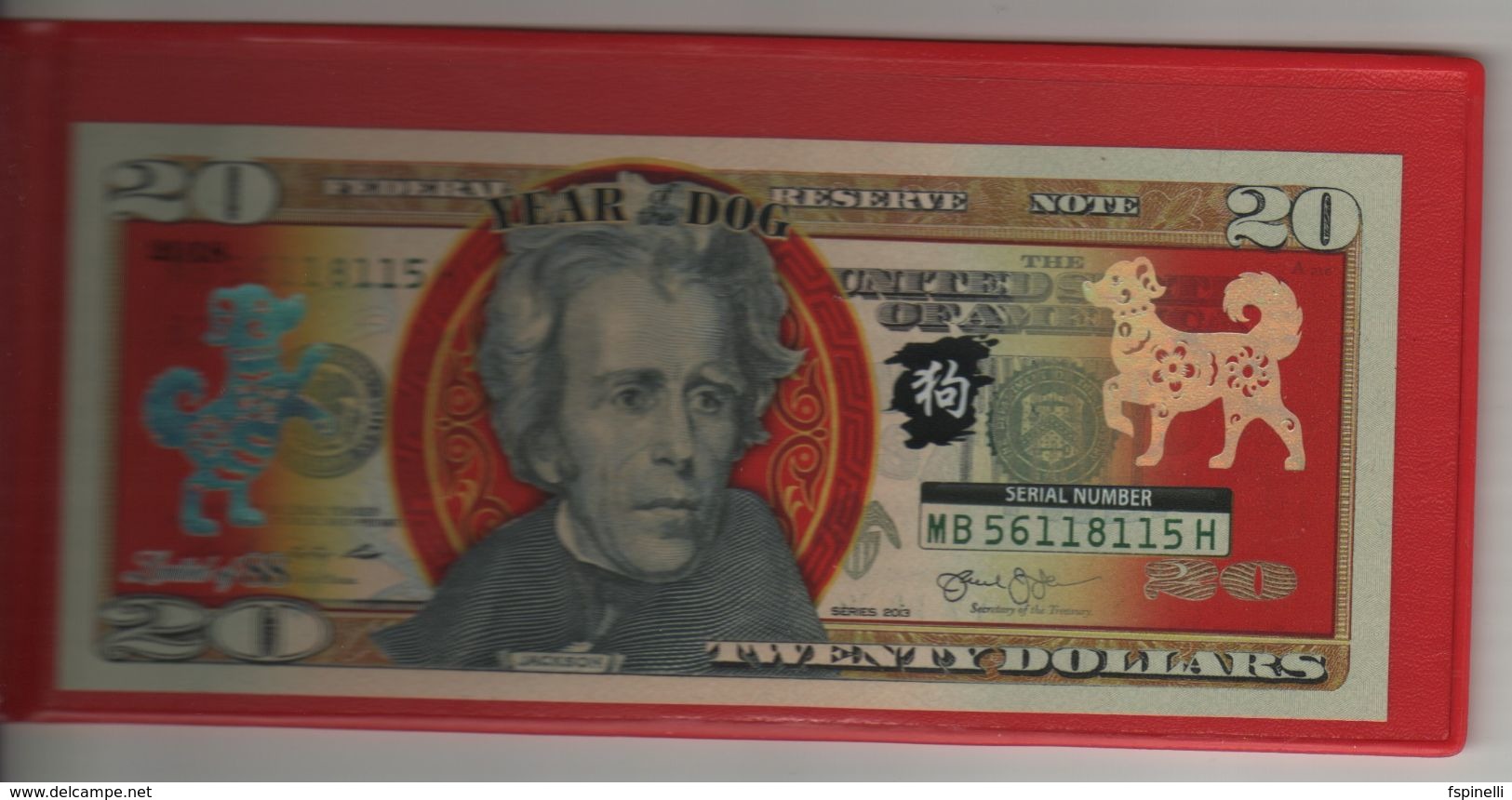 USA   Genuine $20 Bill  (2013) , Overprinted For Chinese New Year 2018  "Year Of The Dog"   With FOLDER - National Currency
