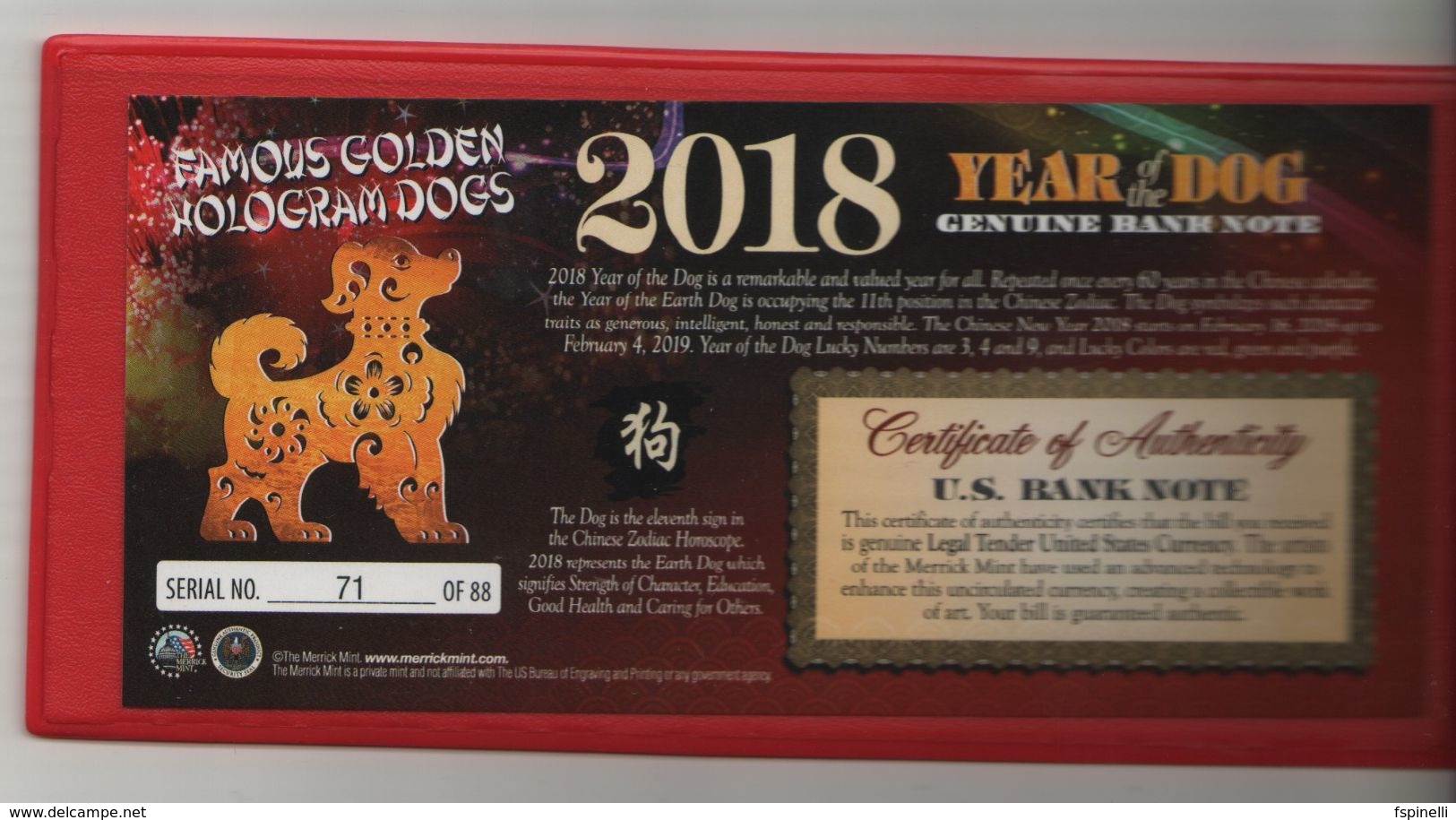 USA   Genuine $20 Bill  (2013) , Overprinted For Chinese New Year 2018  "Year Of The Dog"   With FOLDER - Nationale Valuta