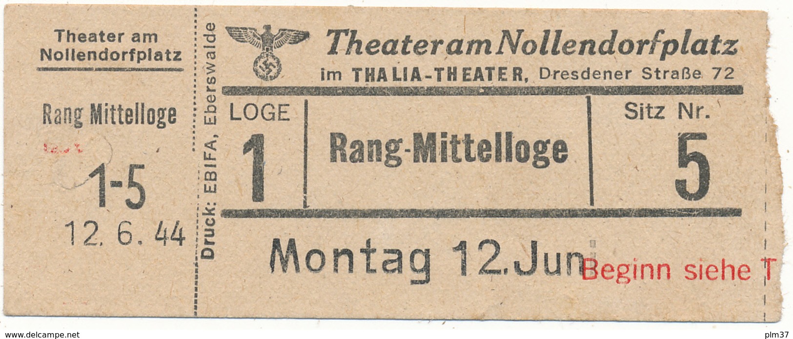 BERLIN, 1944 - Tickets D'Entrée Theateram Nollendorfplatz - Tickets D'entrée