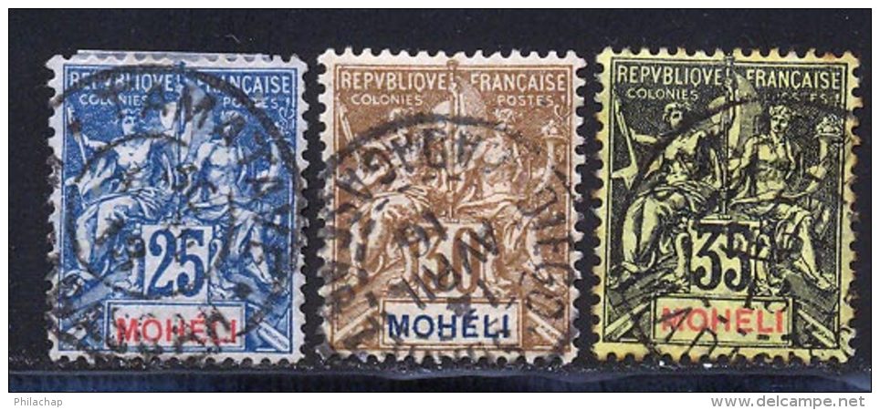 Moheli 1906 Yvert 7 / 9 (o) B Oblitere(s) - Gebraucht