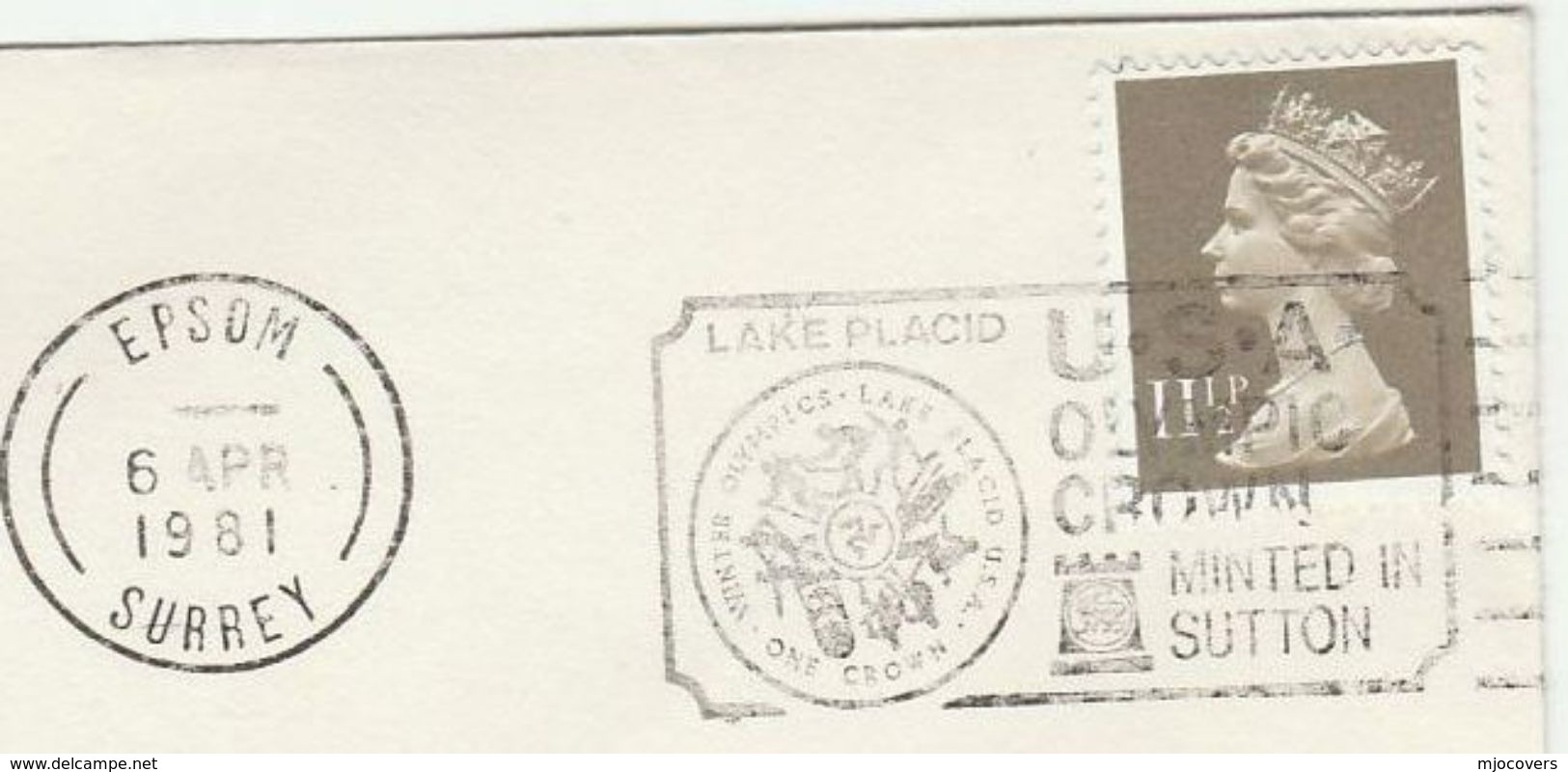 1981 Epsom GB COVER SLOGAN Illus LAKE PLACID OLYMPICS Sport USA OLYMPIC CROWN MINTED IN SUTTON Stamps Winter Games - Hiver 1980: Lake Placid