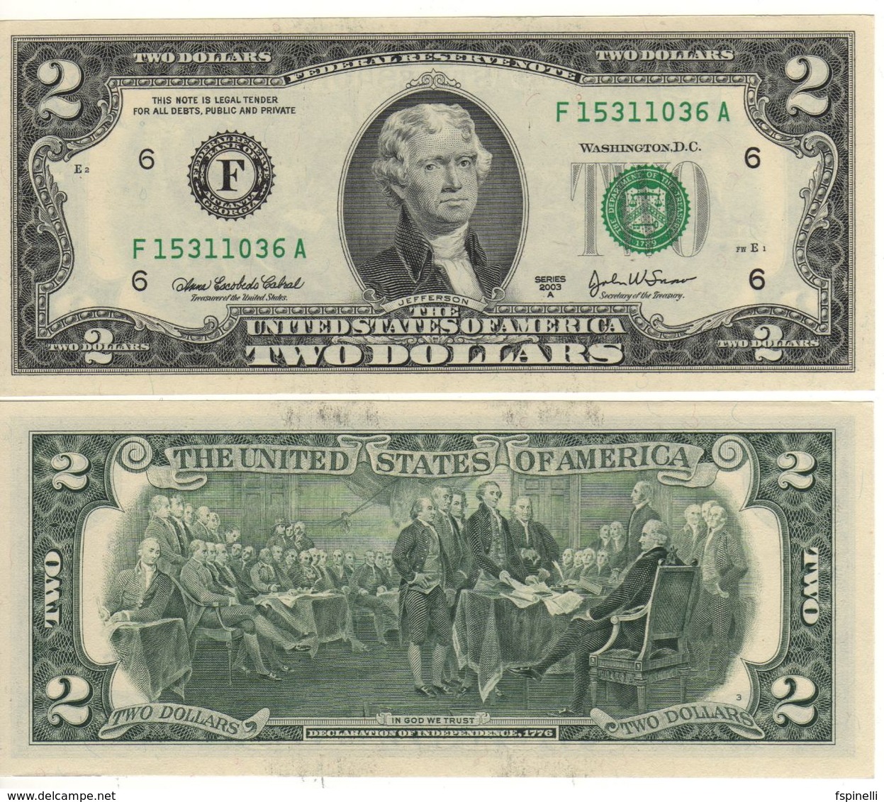 USA   $2 Bill  (dated 2003A)  Latest Date Of Issue , P516b  Letter  F     UNC - Bilglietti Della Riserva Federale (1928-...)