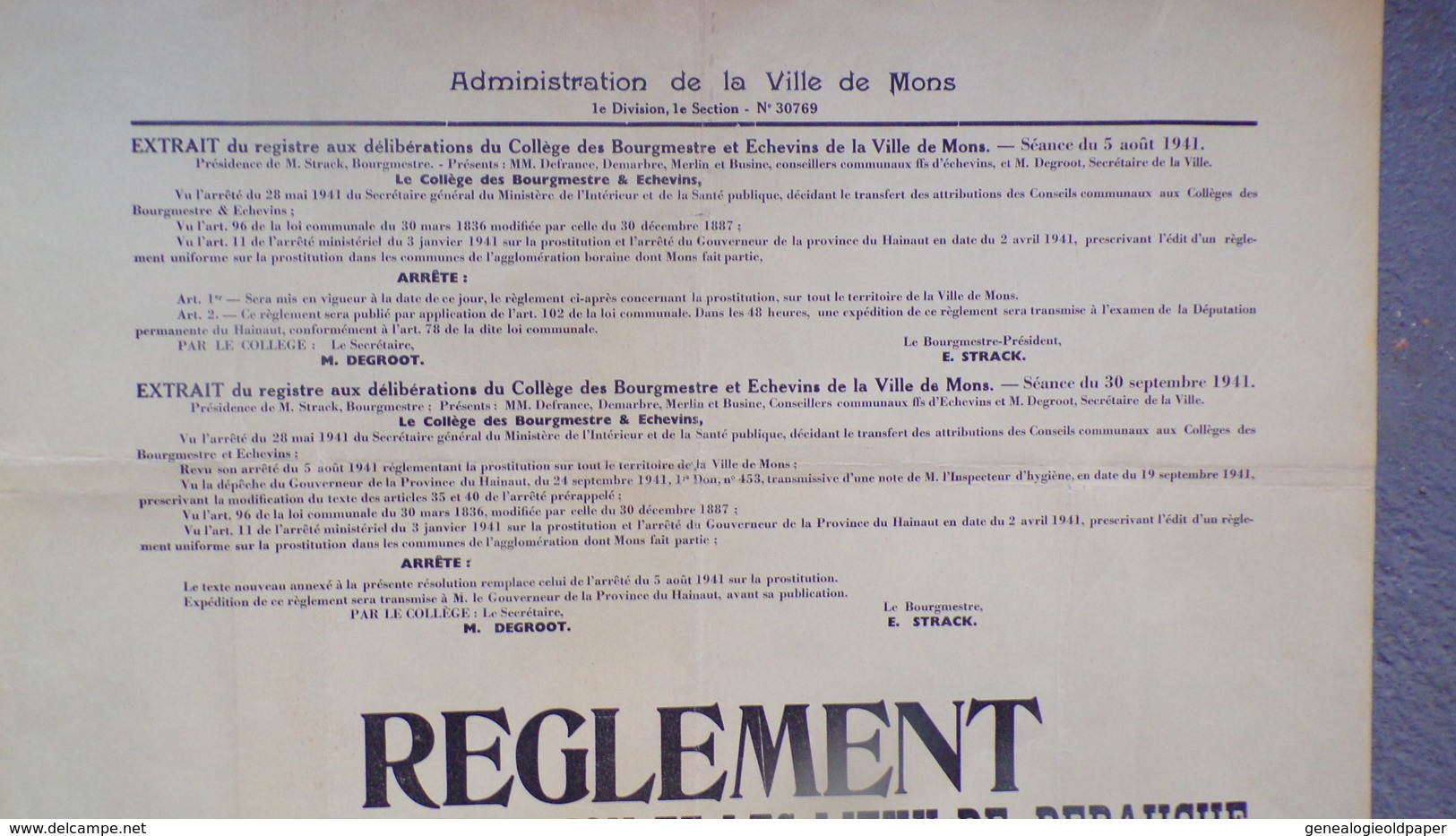 BELGIQUE- RARE AFFICHE GUERRE 1939-1945- VILLE DE MONS-1941-E. STRACK-M. DEGROOT-REGLEMENT PROSTITUTION LIEUX DEBAUCHE - Afiches