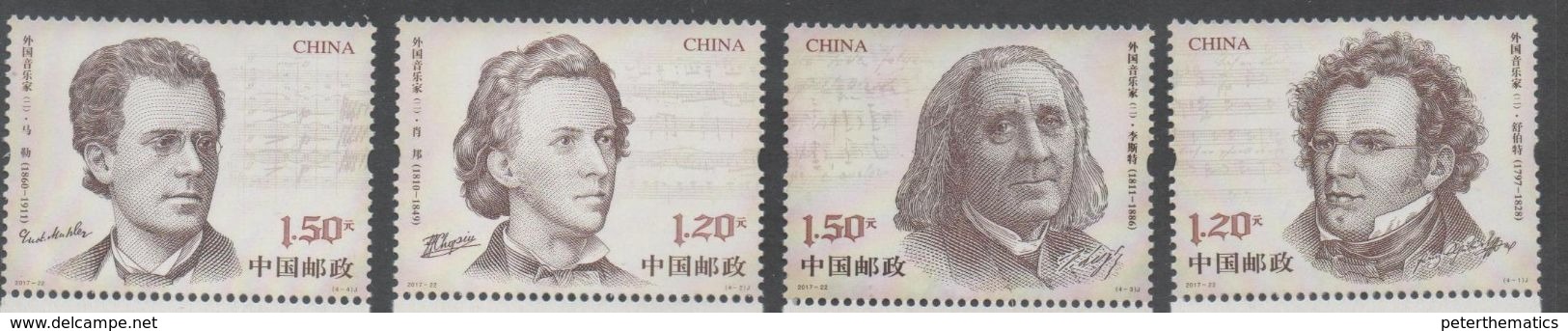 CHINA, 2017, MNH, MUSIC, MUSICIANS, COMPOSERS, SCHUBERT, CHOPIN,4v - Music