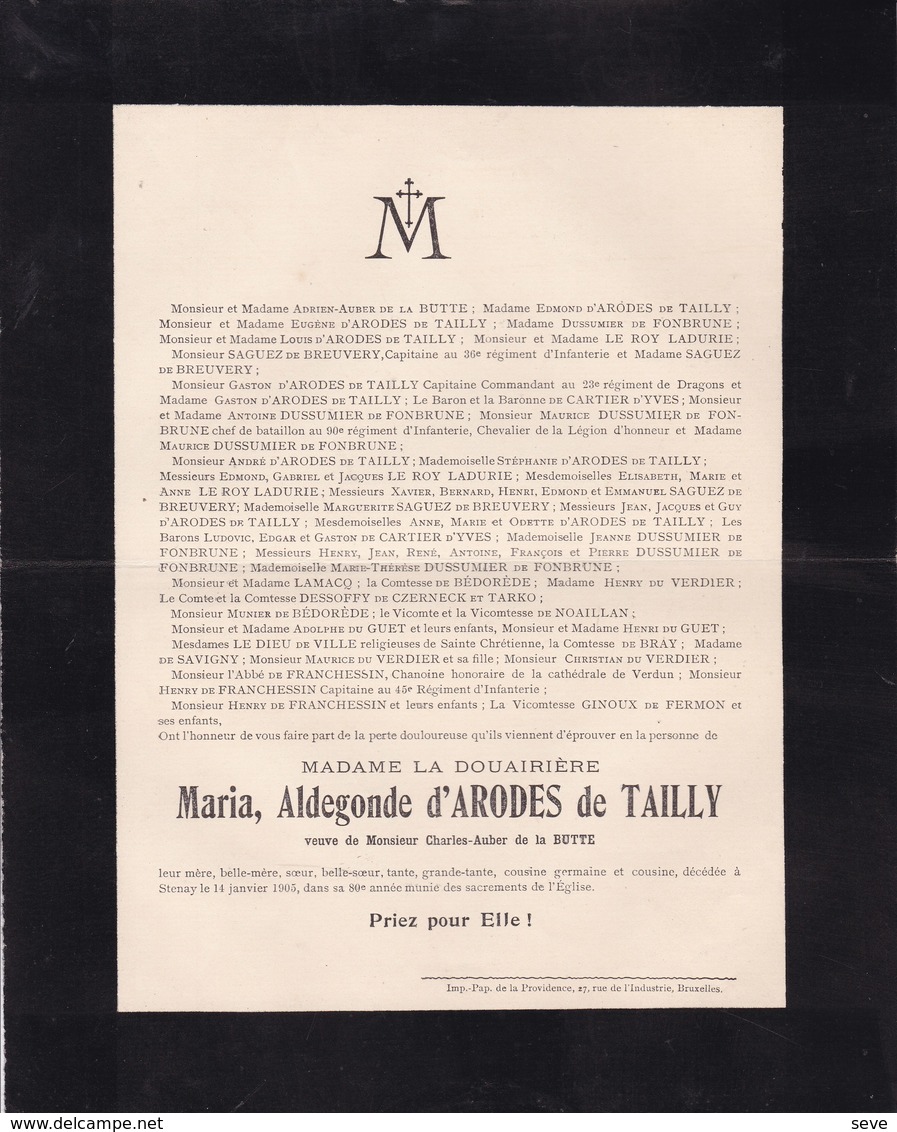 STENAY Maria D'ARODES De TAILLY Veuve Charles-Auber De La BUTTE 80 Ans 1905 CARTIER D'YVES - Décès