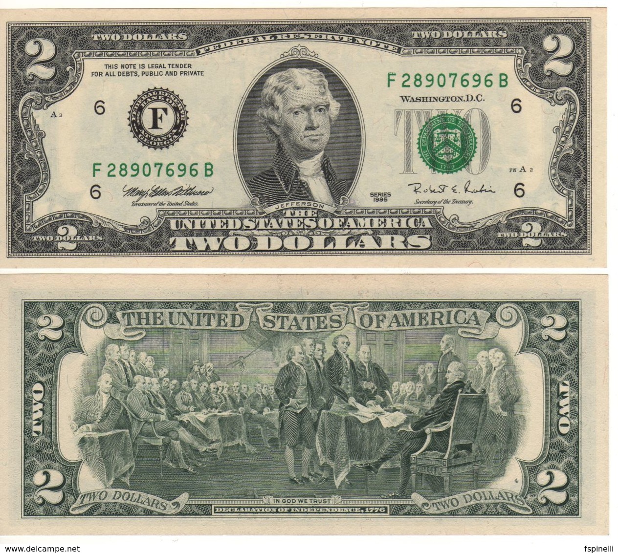 USA   $2 Bill  (dated 1995)  ,   P496a  Letter  F     UNC - Federal Reserve (1928-...)